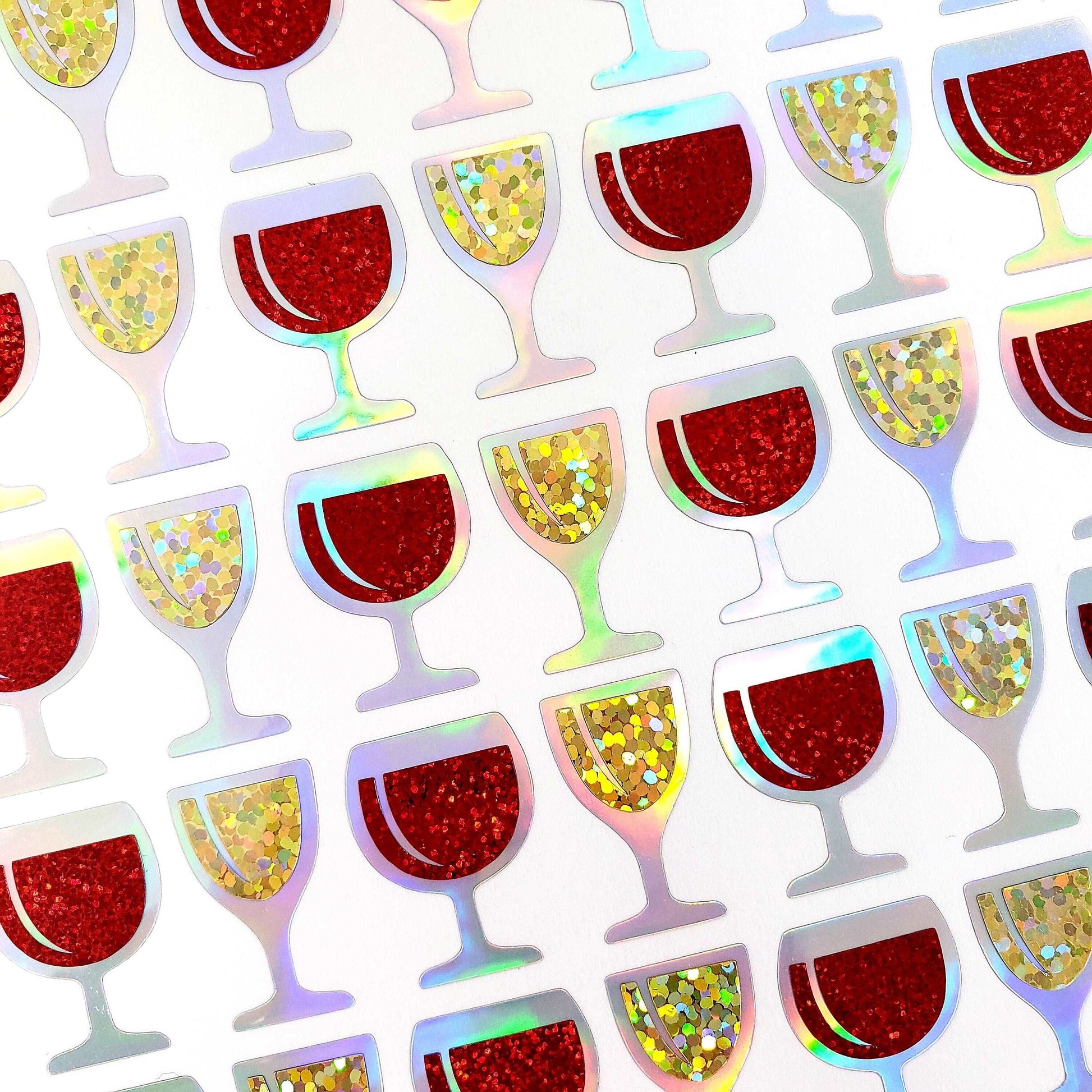 Small Wine Glass Stickers, set of 49 red and white wine glitter stickers for invitations, new year's eve, wedding drink choice and book club
