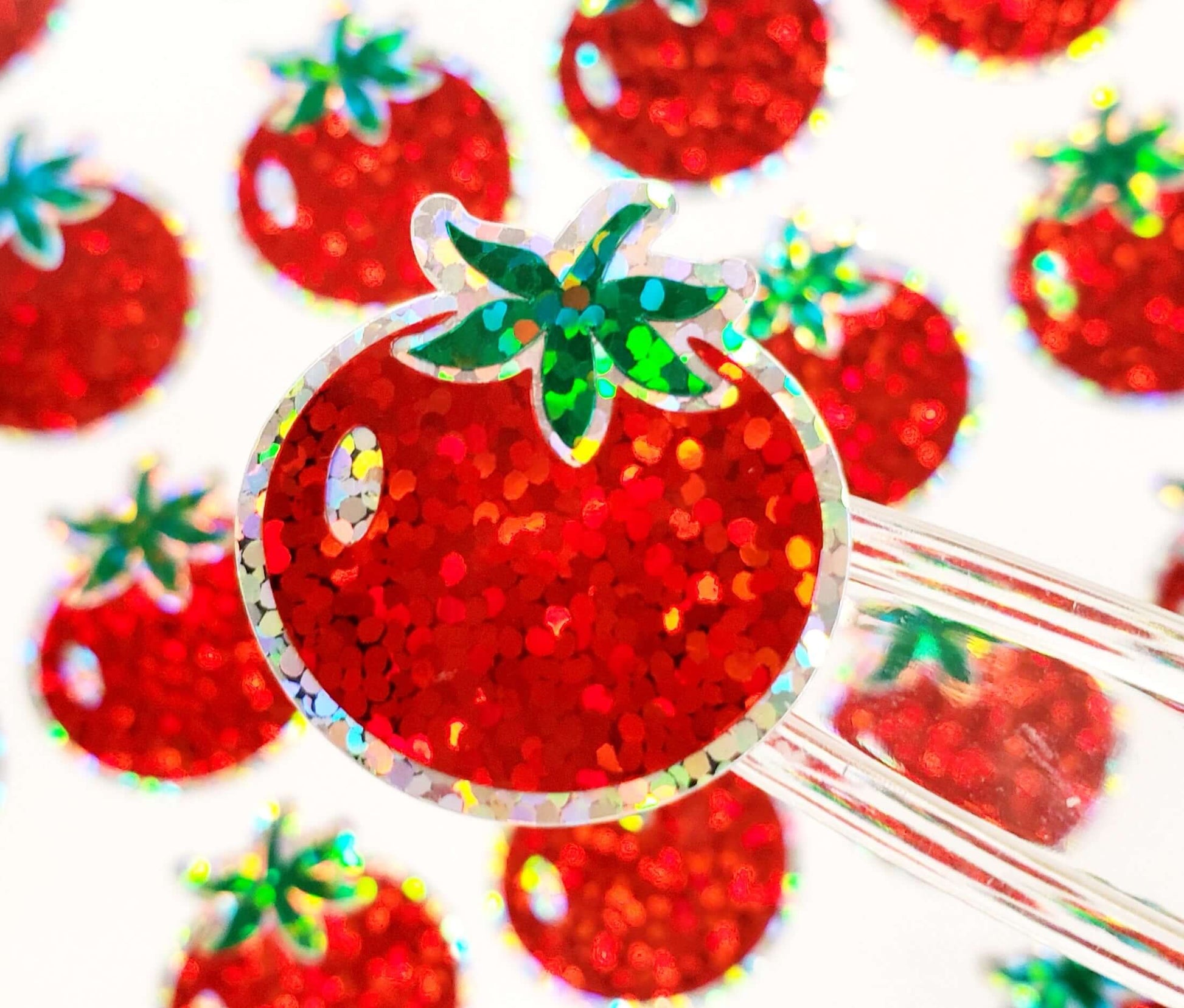 sparkly handmade tomato stickers in red, green and silver