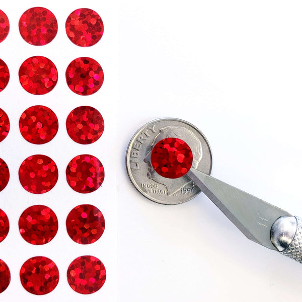 Small Red Dots Sticker Sheet, set of 368 red glitter dot stickers for journals, calendars, ornaments and crafts. One quarter inch red dots