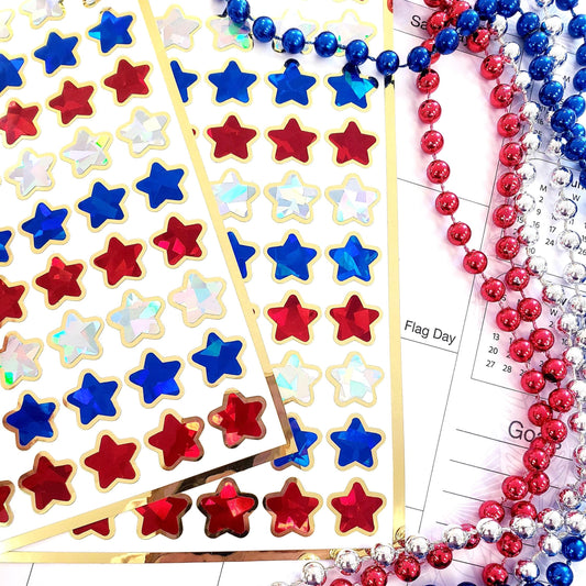 Handmade Vinyl Star Collection American Flag Design Premium Sticker Sheet Patriotic Decoration Package Red White Blue Glitter Stars Gold Mirror Outline Party Supply Essential Memorial Day Celebration Planner Accessory Craft Material