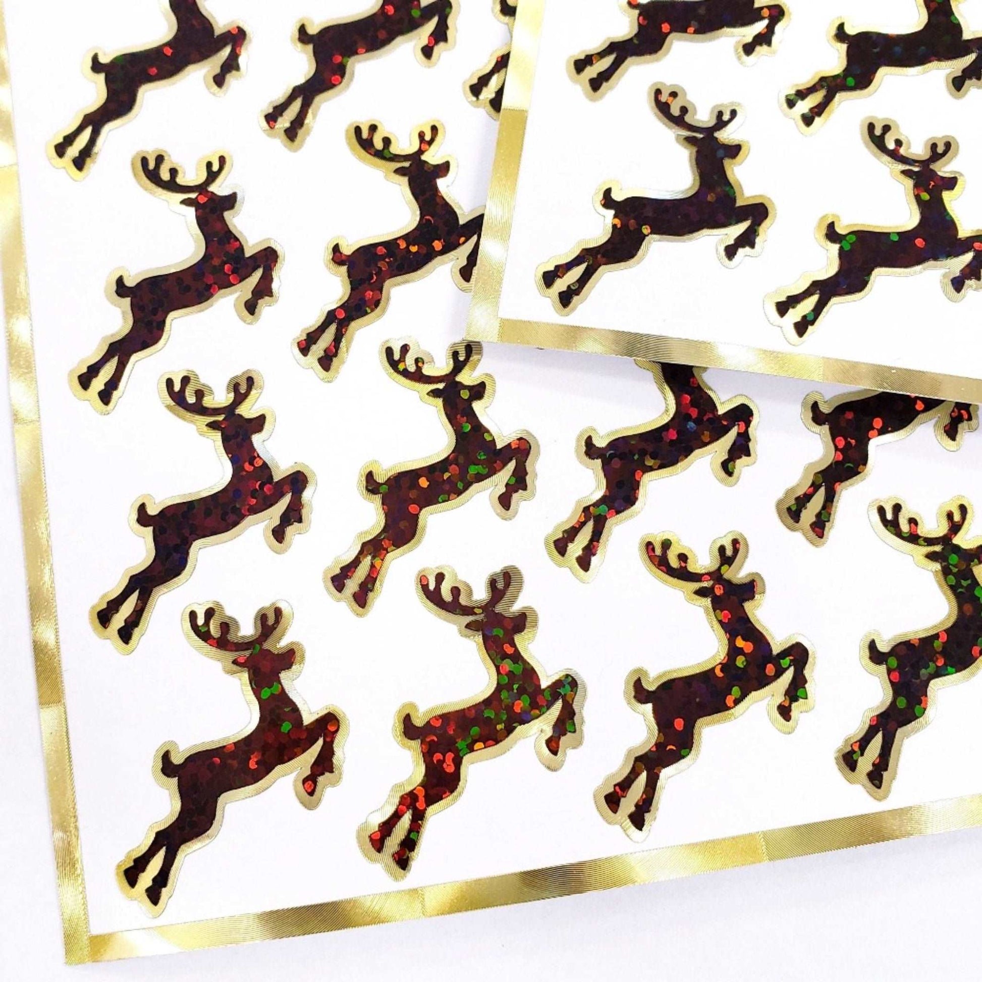 Reindeer Stickers, set of 24 brown and gold deer stickers for holiday cards, invitations, envelopes, Christmas advent calendars and crafts.