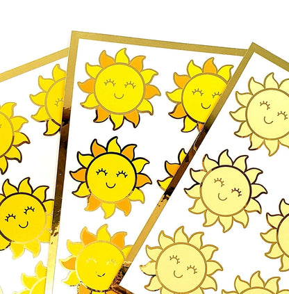 Happy Sun Stickers, set of 6 shiny yellow and gold smiling sun vinyl stickers