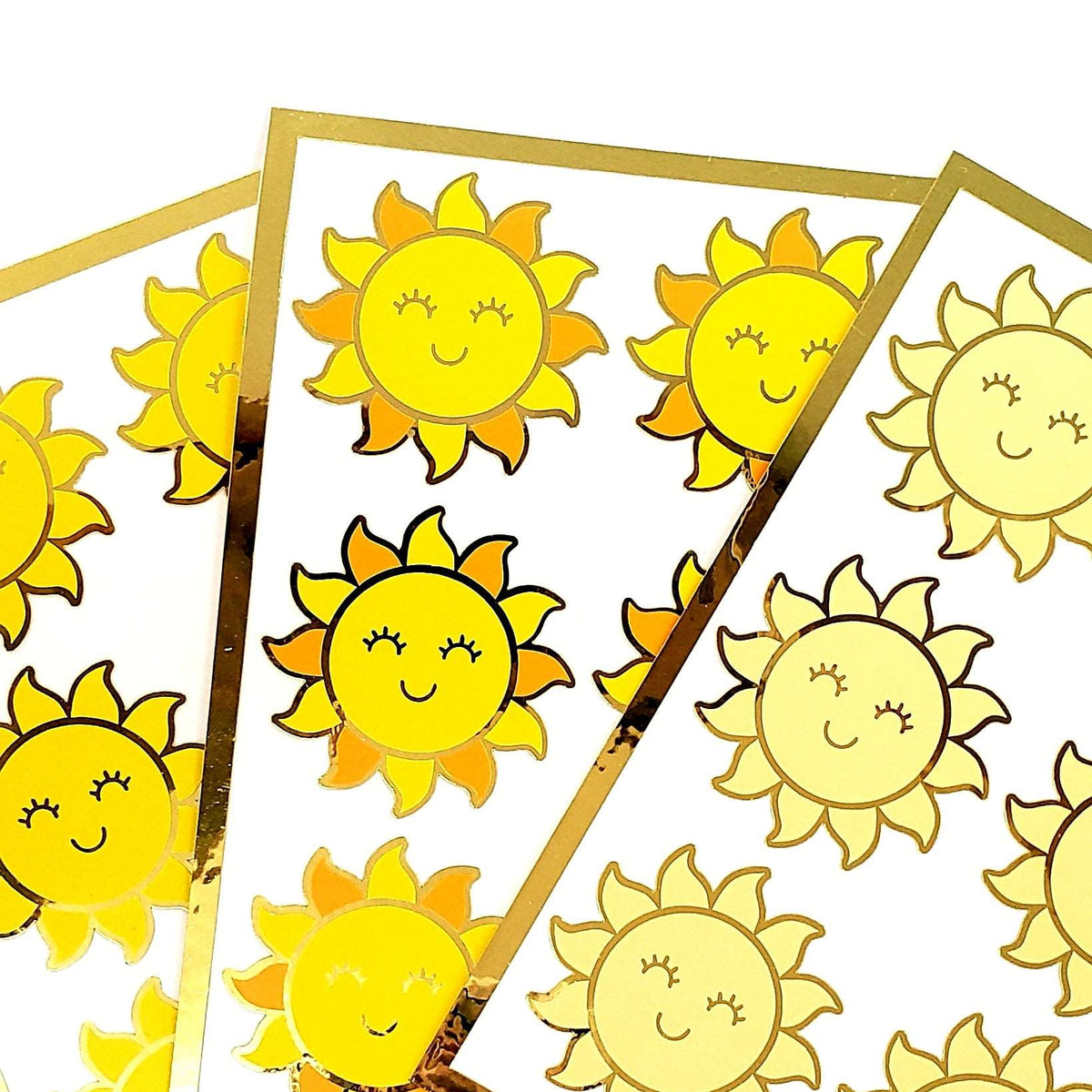Happy Sun Stickers, set of 6 light yellow and gold smiling sun vinyl stickers