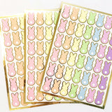 Pastel Rainbow Bunny Stickers, set of 42 Easter Rabbit stickers for spring decor, cards, gift tags and scrapbook pages. Gold outline.