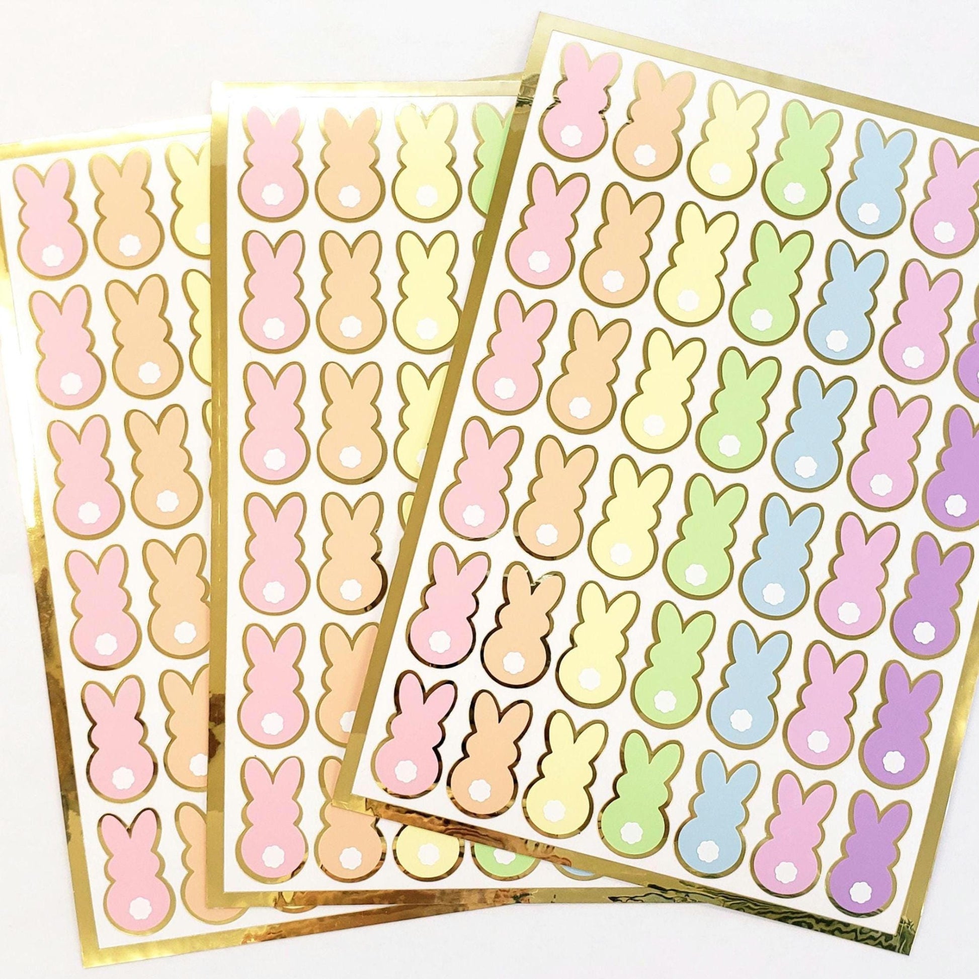 Pastel Rainbow Bunny Stickers, set of 42 Easter Rabbit stickers for spring decor, cards, gift tags and scrapbook pages. Gold outline.