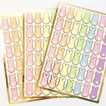 Pastel Rainbow Bunny Stickers, set of 42 Easter Rabbit stickers for spring decor, cards, gift tags and scrapbook pages. Gold outline.