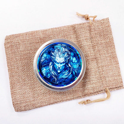 Vampire Container. Small round metal tin with blue male vampire graphics. Mystical Creature gift for monster collector. Stocking Stuffer.