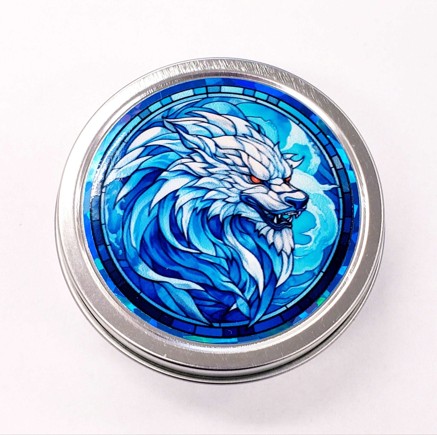 Werewolf Container. Small round metal tin with blue wolf monster graphics. Mystical Creature gift for wolf collector. Stocking Stuffer.