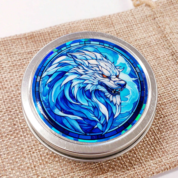 Werewolf Container. Small round metal tin with blue wolf monster graphics. Mystical Creature gift for wolf collector. Stocking Stuffer.