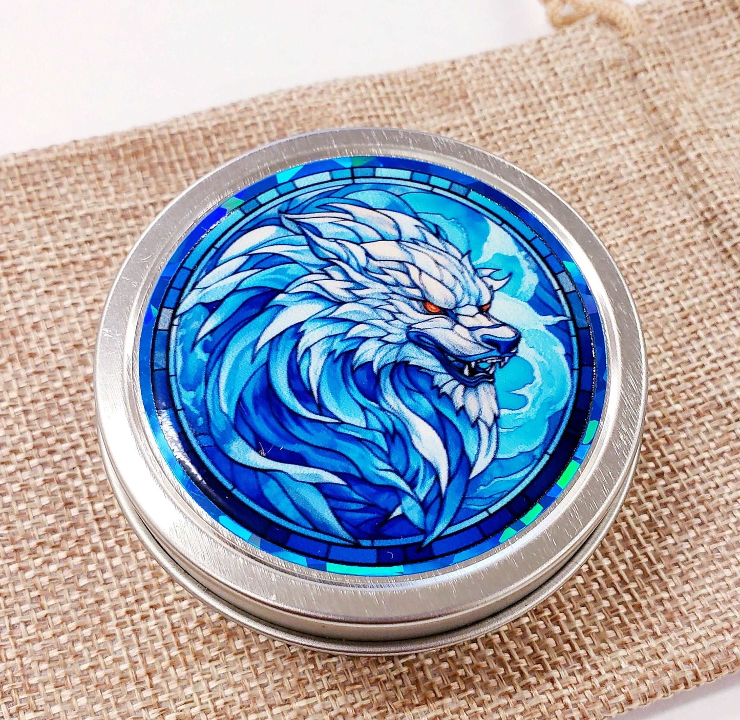 Werewolf Container. Small round metal tin with blue wolf monster graphics. Mystical Creature gift for wolf collector. Stocking Stuffer.