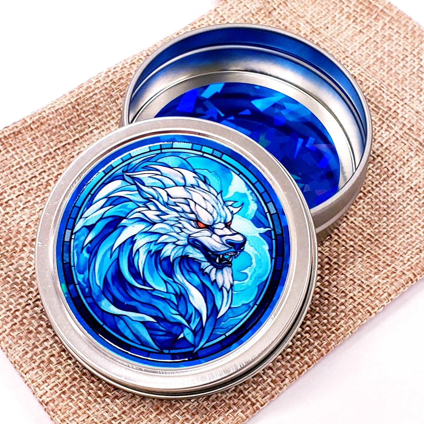 Werewolf Container. Small round metal tin with blue wolf monster graphics. Mystical Creature gift for wolf collector. Stocking Stuffer.