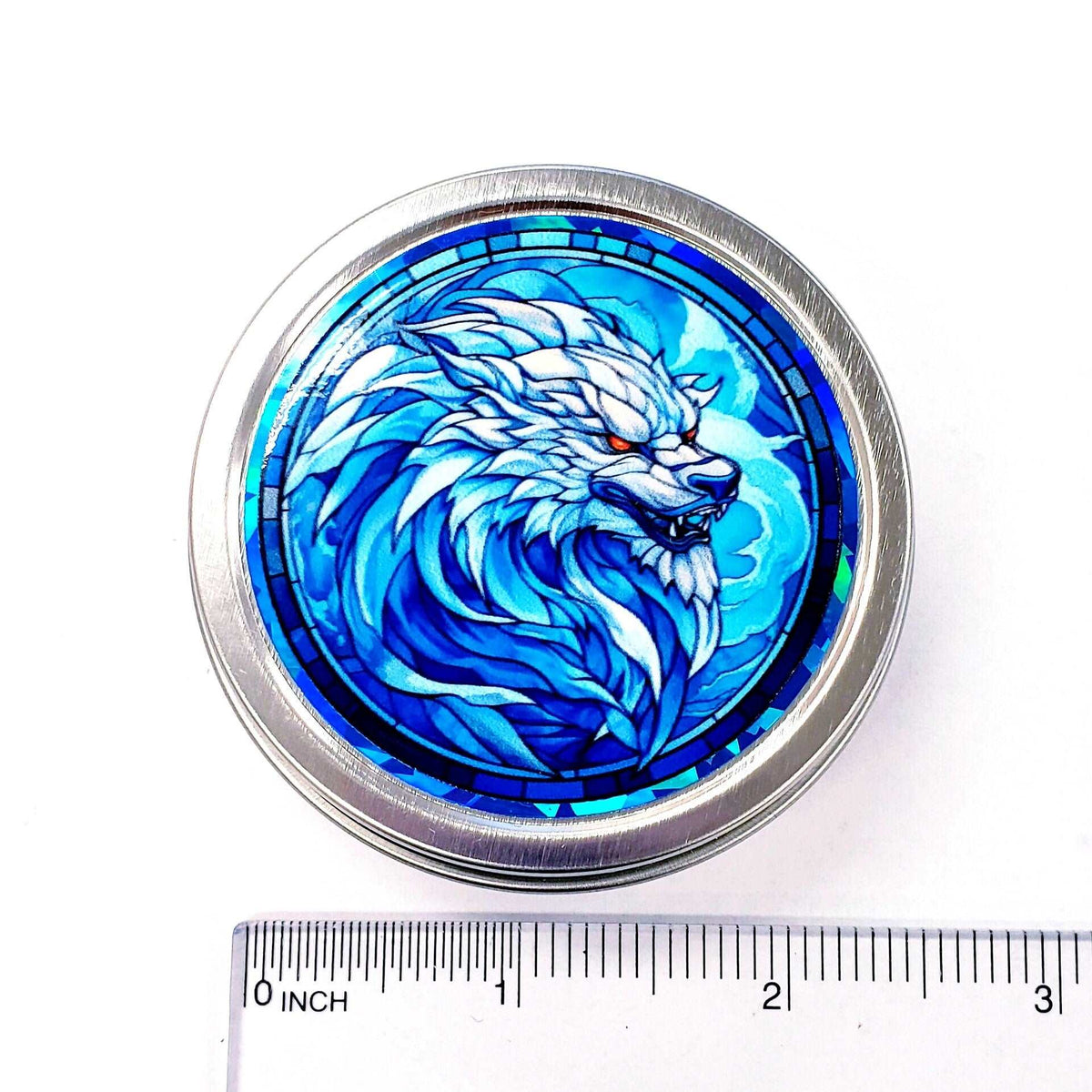 Werewolf Container. Small round metal tin with blue wolf monster graphics. Mystical Creature gift for wolf collector. Stocking Stuffer.