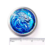 Werewolf Container. Small round metal tin with blue wolf monster graphics. Mystical Creature gift for wolf collector. Stocking Stuffer.