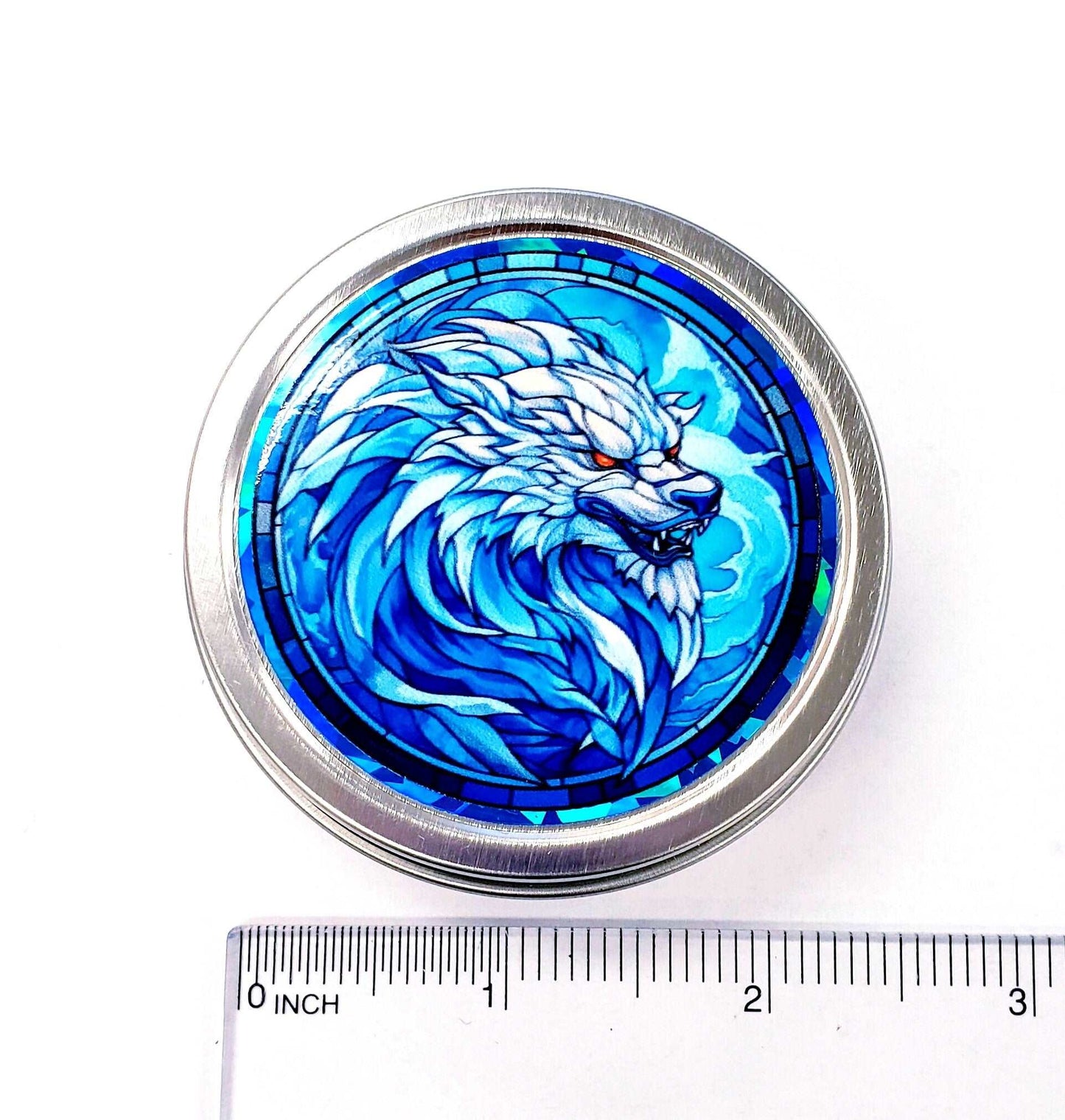 Werewolf Container. Small round metal tin with blue wolf monster graphics. Mystical Creature gift for wolf collector. Stocking Stuffer.