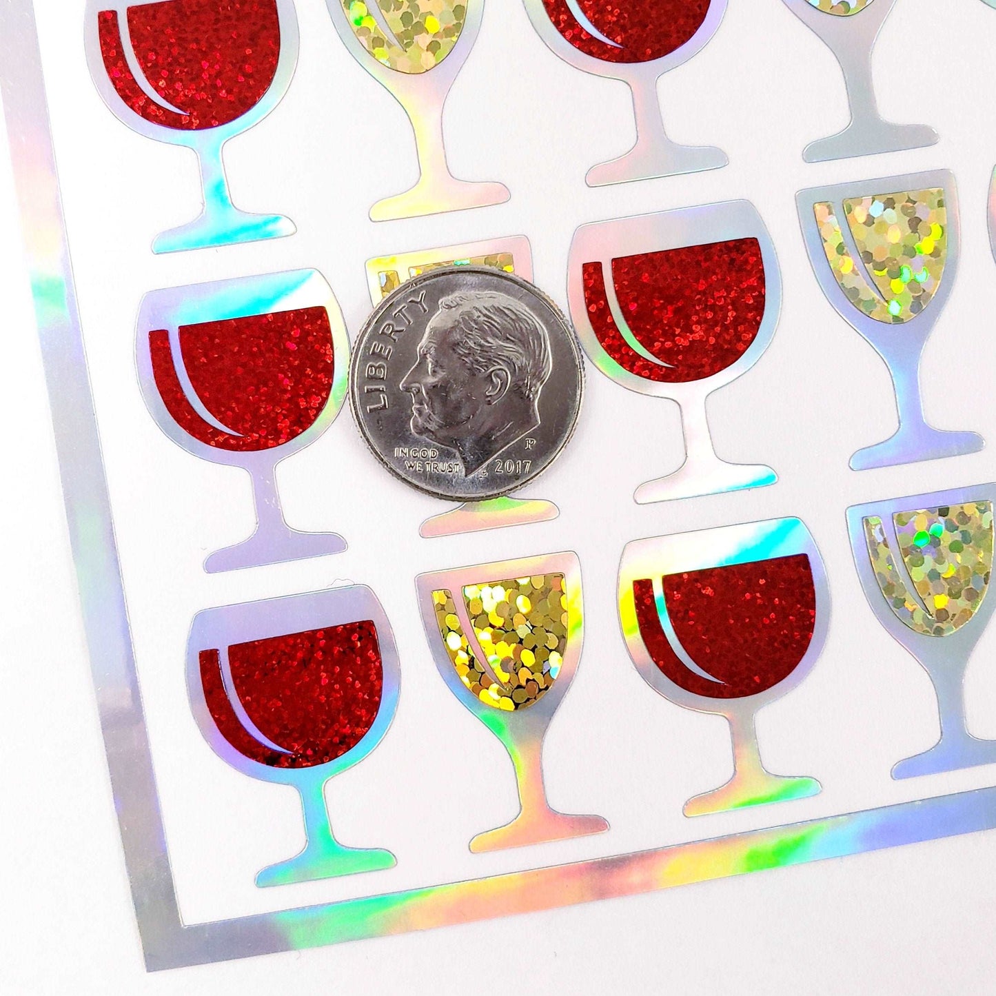 Small Wine Glass Stickers, set of 49 red and white wine glitter stickers for invitations, new year's eve, wedding drink choice and book club
