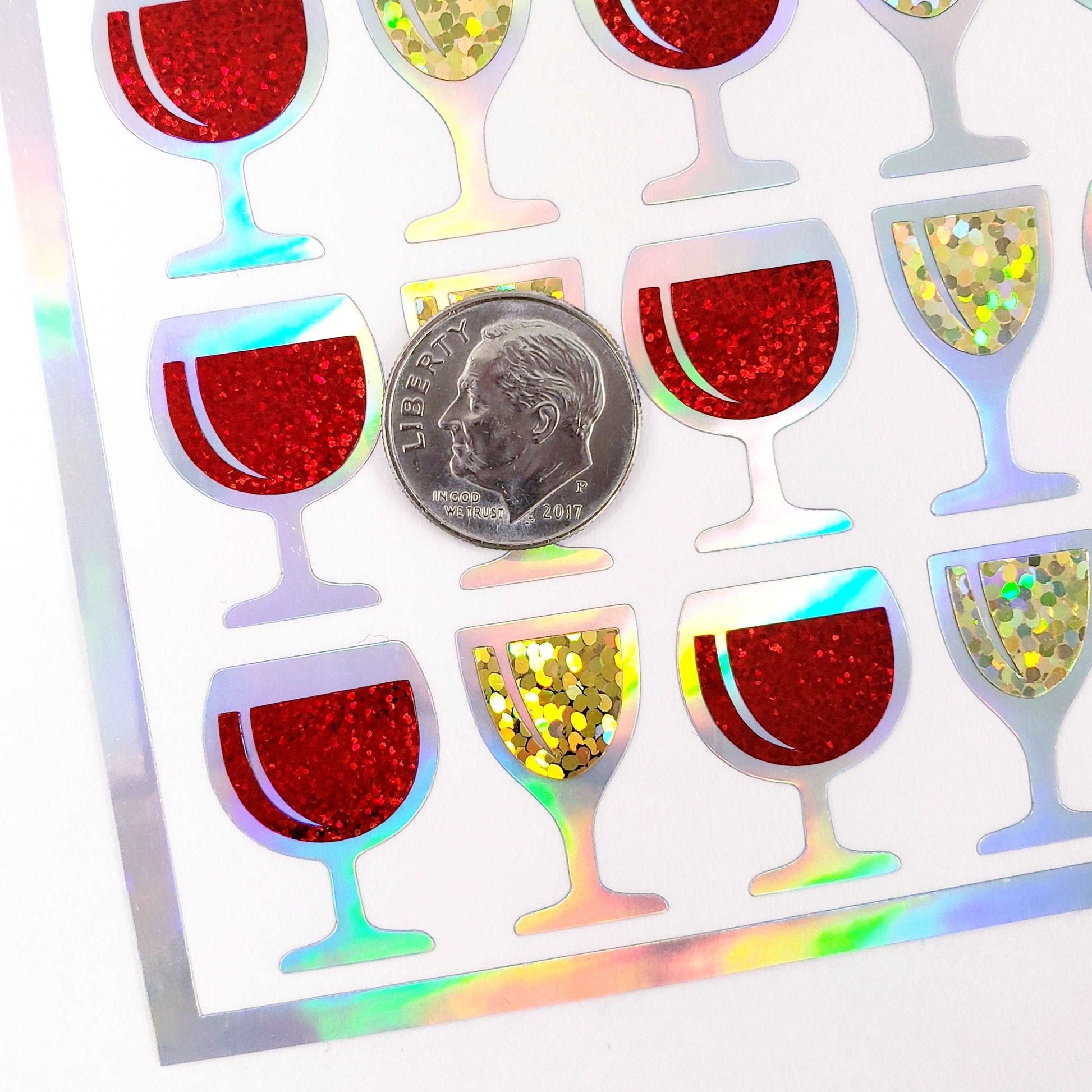 Small Wine Glass Stickers, set of 49 red and white wine glitter stickers for invitations, new year's eve, wedding drink choice and book club