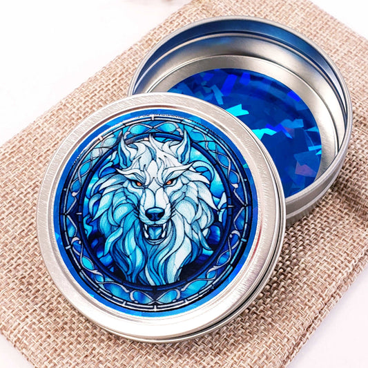 Wolf Container. Small round metal tin with blue wolf monster graphics. Mystical Creature gift for wolf collector. Stocking Stuffer.