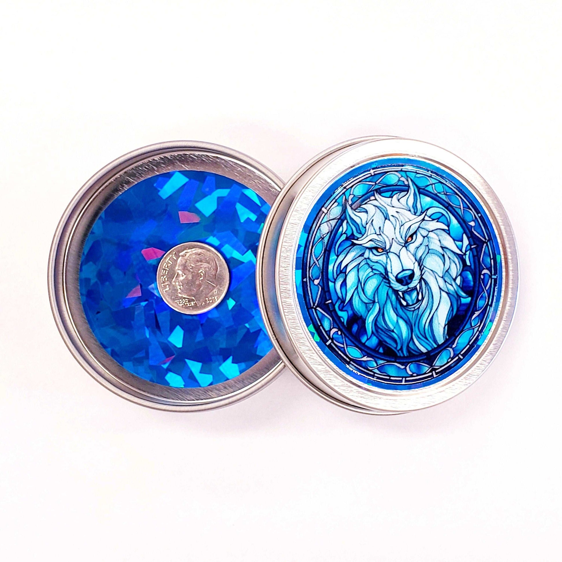 Wolf Container. Small round metal tin with blue wolf monster graphics. Mystical Creature gift for wolf collector. Stocking Stuffer.