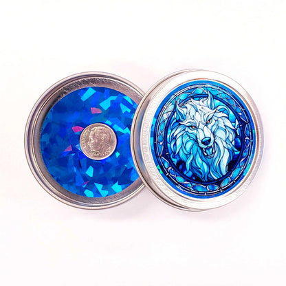 Wolf Container. Small round metal tin with blue wolf monster graphics. Mystical Creature gift for wolf collector. Stocking Stuffer.