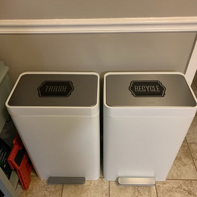 Trash and Recycle Decal Set, garbage barrel and recycling stickers, computer cut vinyl decals for kitchen trash recycling, pantry label set