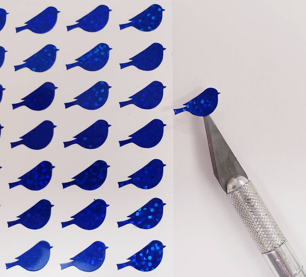 Blue Bird Glitter Stickers, set of 50 small vinyl bird shaped decals