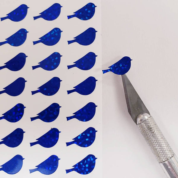 Blue Bird Glitter Stickers, set of 50 small vinyl bird shaped decals