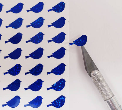 Blue Bird Glitter Stickers, set of 50 small vinyl bird shaped decals