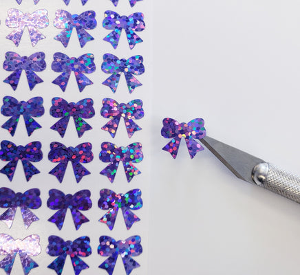 Purple Ribbon Stickers, set of 25, 50 or 100 tiny bow decorative stickers for ornaments, junk journals, laptops, scrapbooks & craft projects