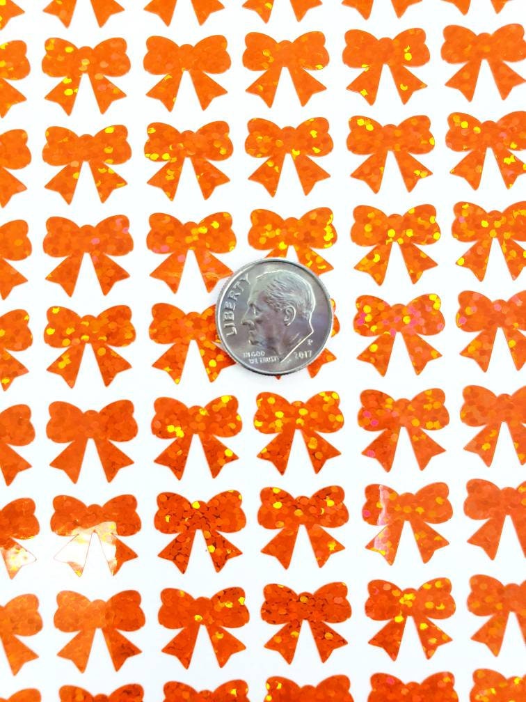 Orange Ribbon Stickers, set of 50 orange glitter bow vinyl decals, decorative stickers for crafts scrapbooks ornaments, Halloween stickers