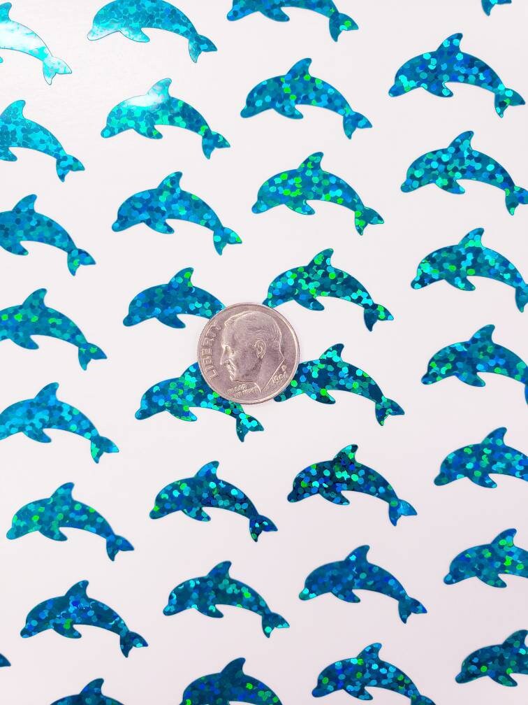 Dolphin Stickers. Set of small sparkly turquoise blue dolphin vinyl decals