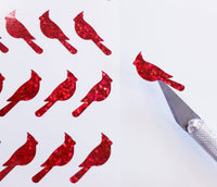 
              Red Cardinal Bird Stickers, set of 50 bird shaped vinyl decals, red glitter ornament stickers
            