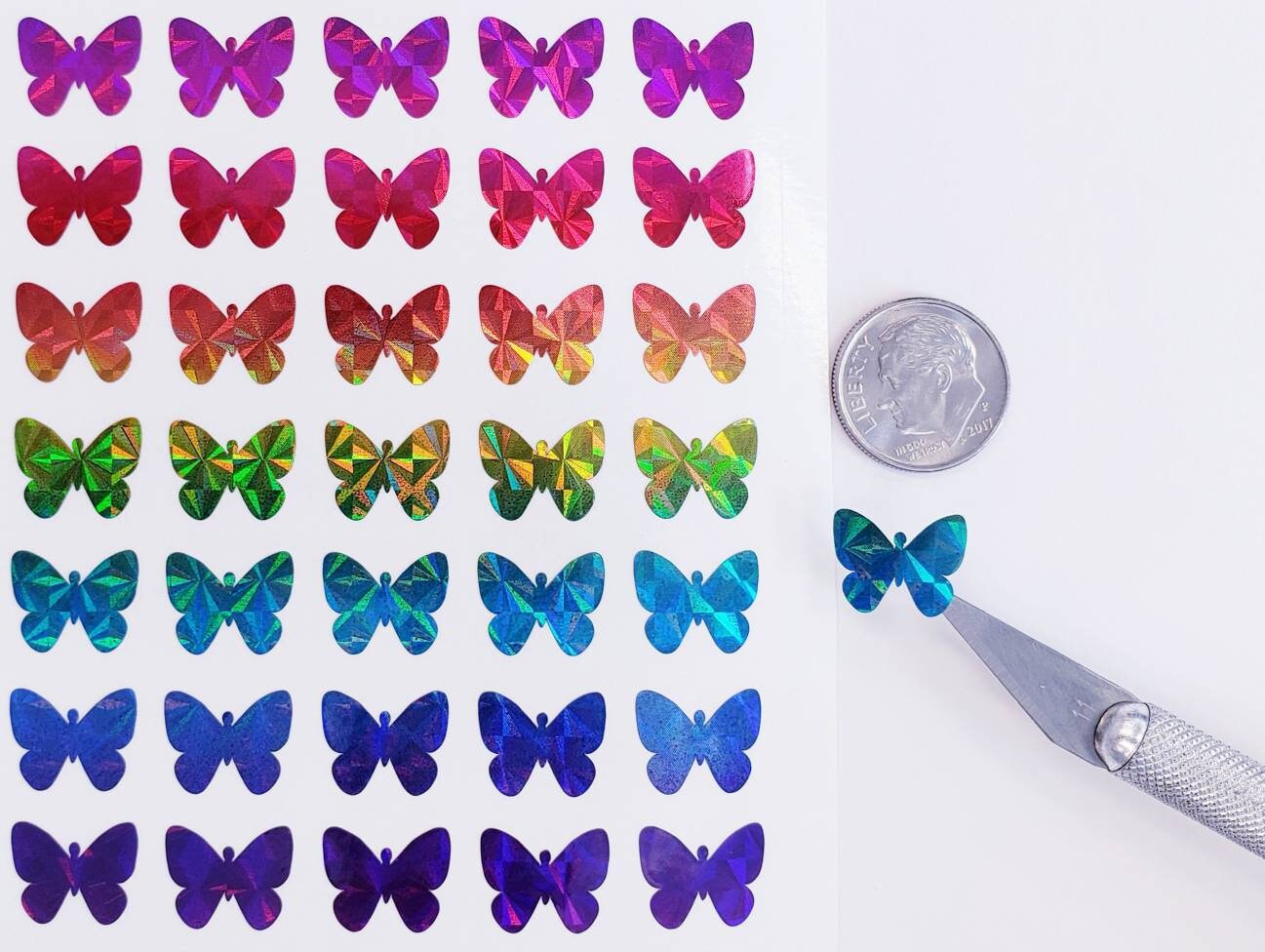 Rainbow Butterfly Stickers, set of 108 little multi color sparkly butterfly stickers for notebooks, phone cases and journal pages.