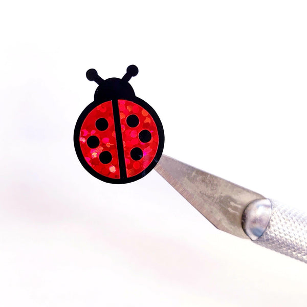Ladybug Stickers, red and black cute bug vinyl decals, glitter stickers, ladybug birthday party drink cup stickers