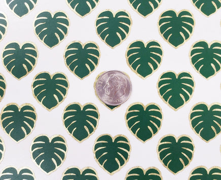 Monstera Leaf Stickers, set of 25, 50 or 100 emerald green and gold metallic tropical leaf stickers for envelopes, note cards and weddings
