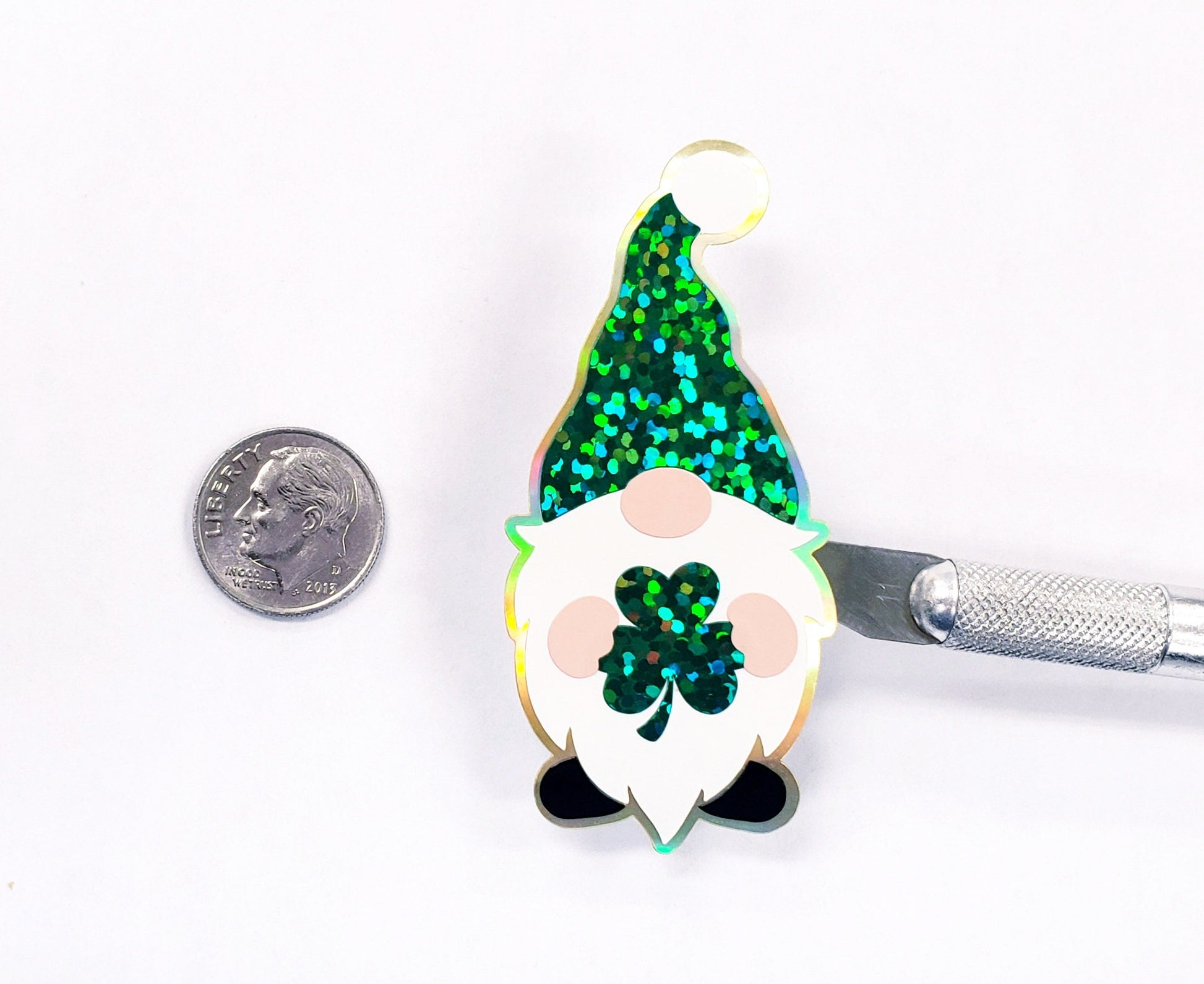St. Patrick's Day Gnome Sticker, green and white gnome with shamrock, lucky gnome vinyl decal, sparkly glitter sticker for cards and laptops