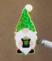 
              Gnome Sticker set, green and white lucky gnome vinyl decal, sparkly pot of gold sticker for St. Patrick's Day cards, notebooks & laptops
            