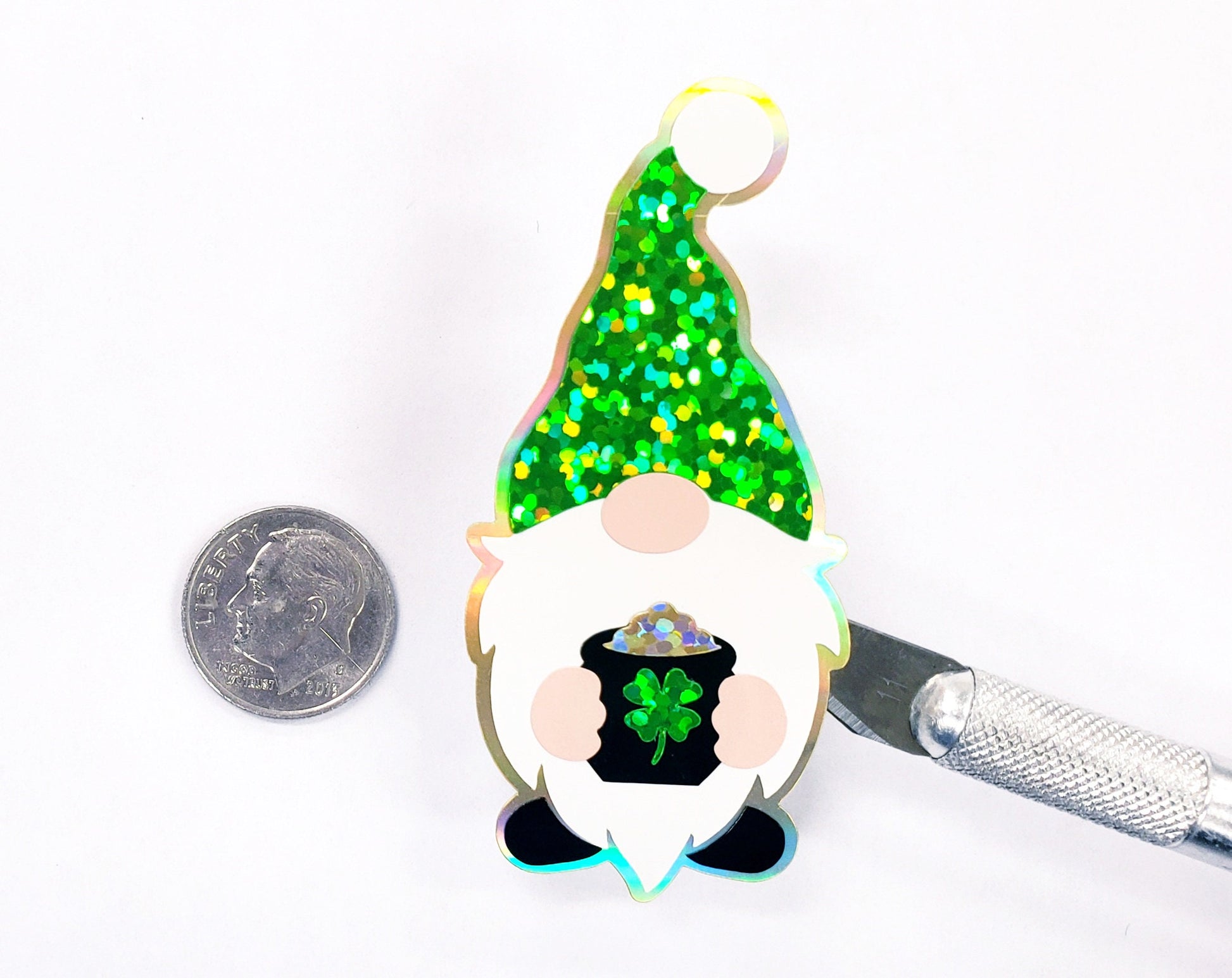 Gnome Sticker set, green and white lucky gnome vinyl decal, sparkly pot of gold sticker for St. Patrick's Day cards, notebooks & laptops