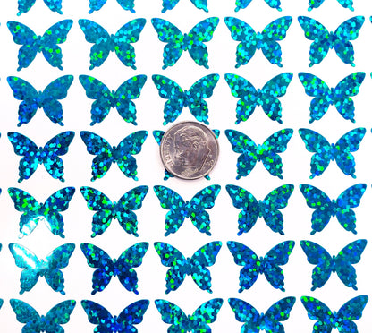 Turquoise Butterfly Stickers, set of 50, 100 or 200 holo deco butterflies for toploader sleeves, envelopes, laptops, crafts and journals.