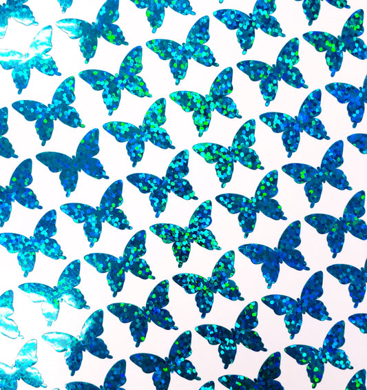 Turquoise Butterfly Stickers, set of 50, 100 or 200 holo deco butterflies for toploader sleeves, envelopes, laptops, crafts and journals.