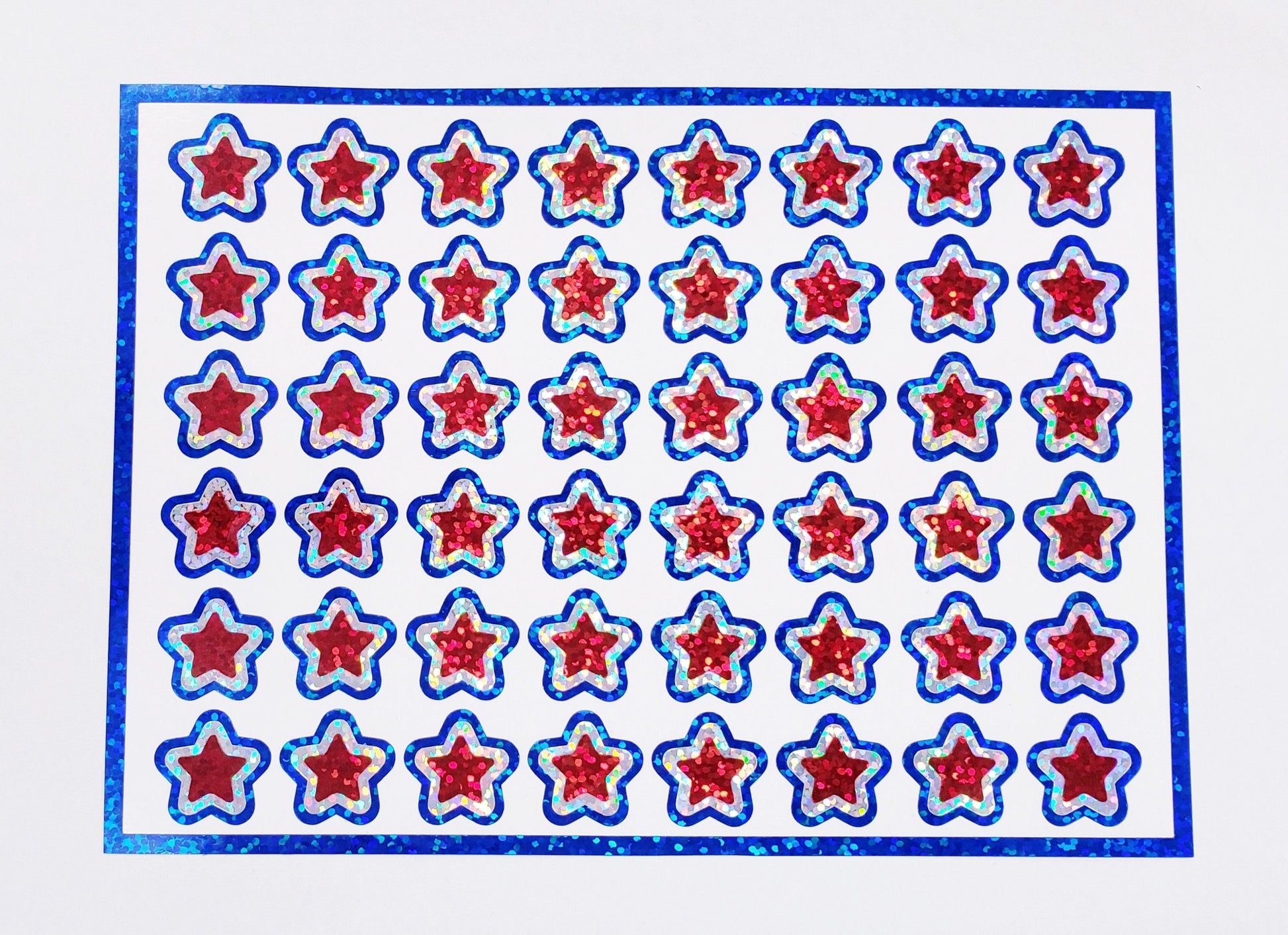 American Flag Star Sticker Sheet, set of 12, 24 or 48 patriotic sparkly star stickers, red white and blue stars for Memorial Day and July 4