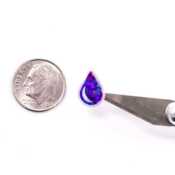 Purple Water Drop Stickers, set of 136 sparkly purple raindrop vinyl decals, drink water tracker for journals and notebooks