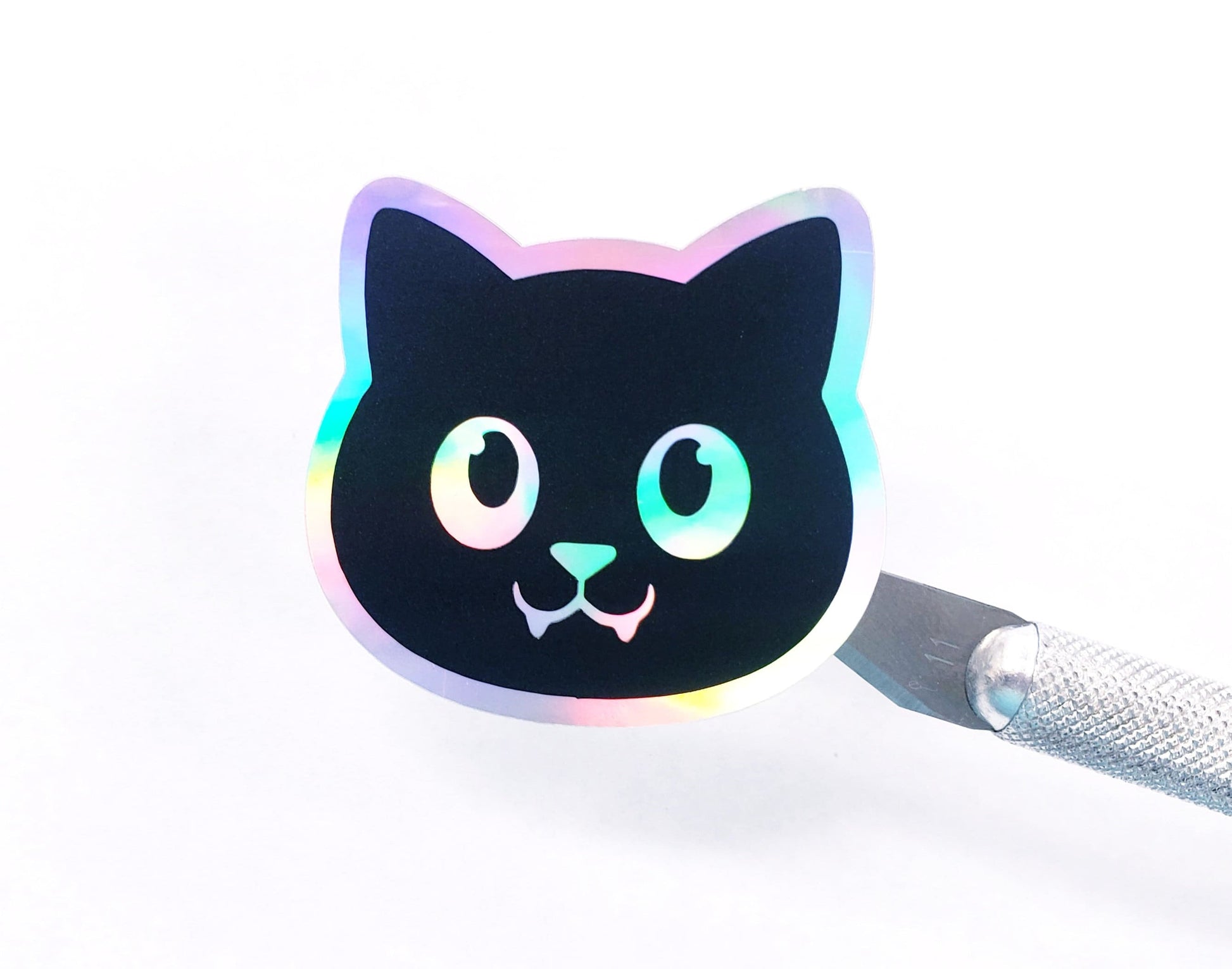 Mad Cat Sticker, black and silver holographic cat sticker for laptop or journal cover.