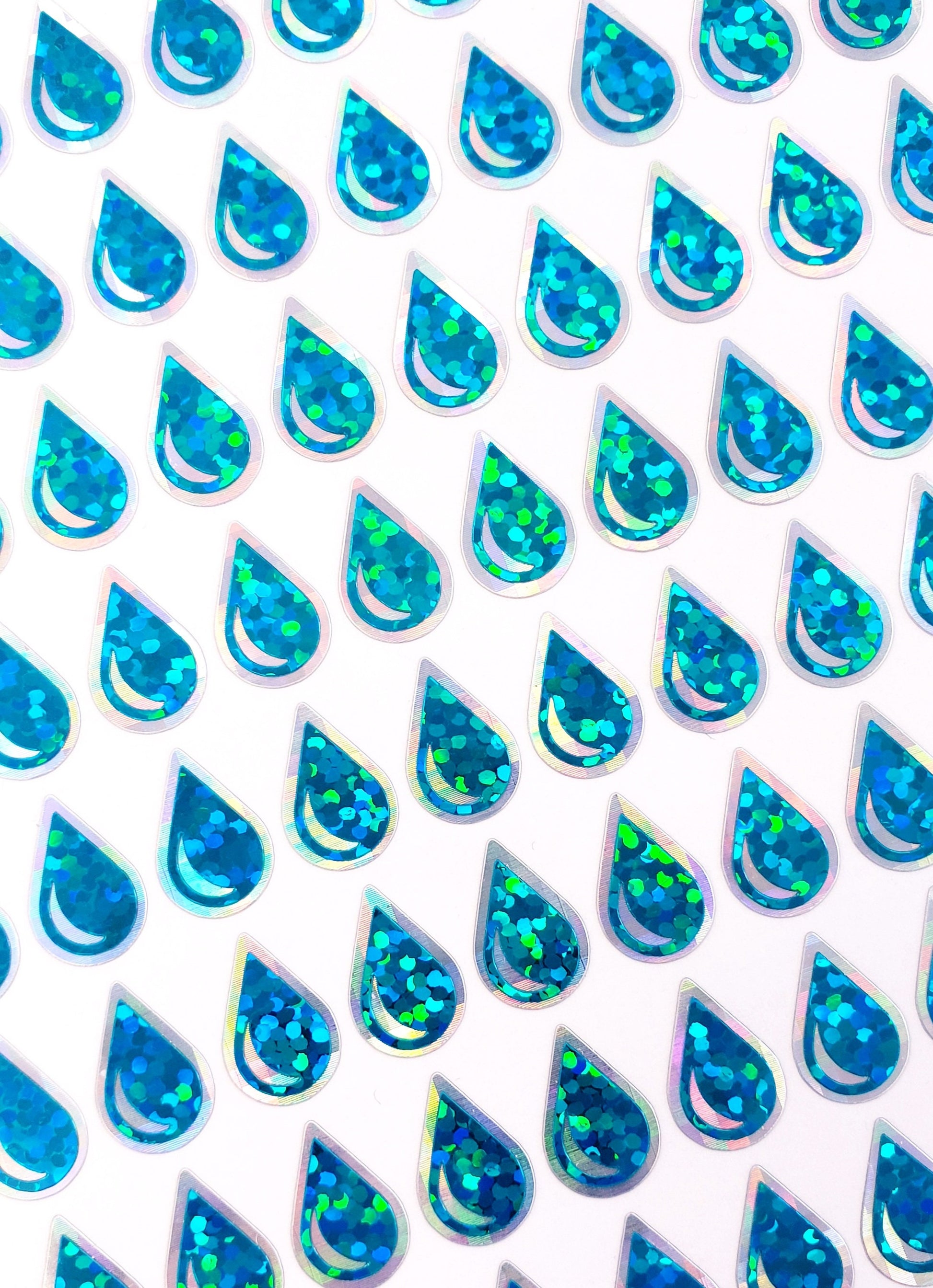 Teal Blue Green Water Drop Stickers, set of 136 sparkling turquoise raindrop vinyl decals, drink water tracker for journals and notebooks