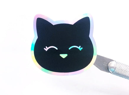 Cute Cat Sticker, black and silver holographic cat sticker for laptop or journal cover.