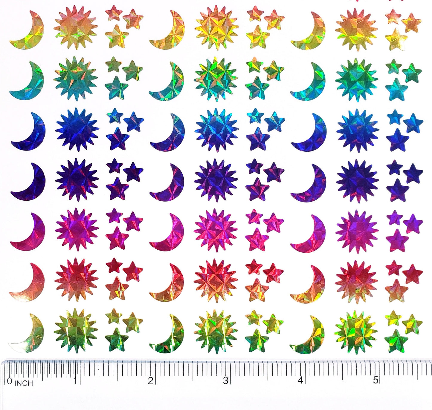 Sun Moon and Star Stickers, set of 25, 50 or 100 small sparkly rainbow vinyl decals, celestial theme stickers for envelopes place cards