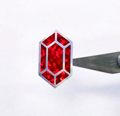 Red gemstone stickers, set of 36 small sparkly ruby gem shaped vinyl decals for laptops, notebooks, journals. Treasure stickers for gamers.