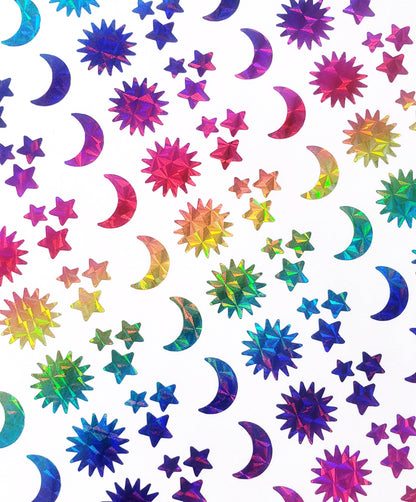 Sun Moon and Star Stickers, set of 25, 50 or 100 small sparkly rainbow vinyl decals, celestial theme stickers for envelopes place cards