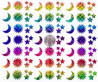 
              Sun Moon and Star Stickers, set of 25, 50 or 100 small sparkly rainbow vinyl decals, celestial theme stickers for envelopes place cards
            