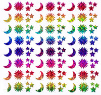 
              Sun Moon and Star Stickers, set of 25, 50 or 100 small sparkly rainbow vinyl decals, celestial theme stickers for envelopes place cards
            