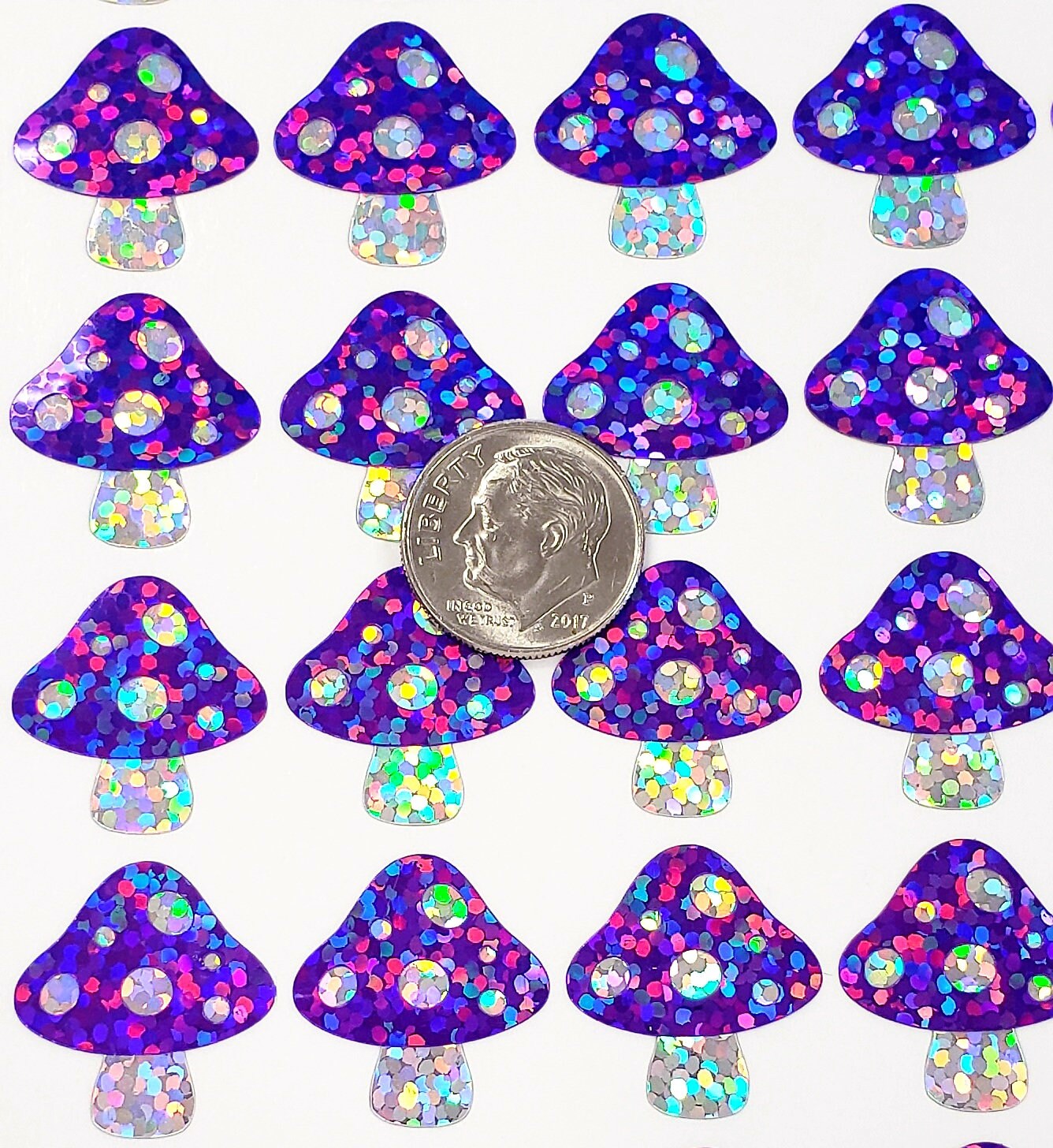Purple Mushroom Stickers, set of 48 small sparkly mushroom decals for notebooks, journals, envelopes. Cottagecore decor for fairy houses.